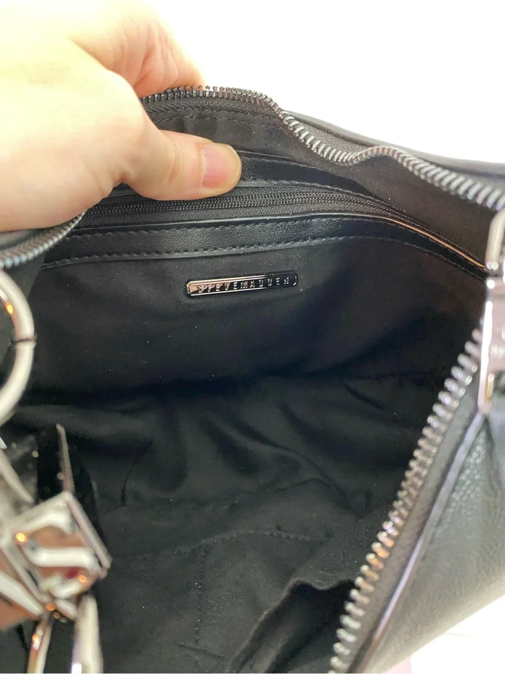Steve Madden Lohan Shoulder Bag New NWT Black Silver Faux Leather Womens Small